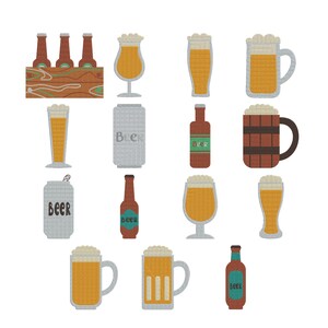 May include: An assortment of beer-themed illustrations. The image features various beer bottles, cans, and glasses, including a wooden crate with bottles, a tall glass, and a beer mug with a handle. The word "Beer" is visible on some items.