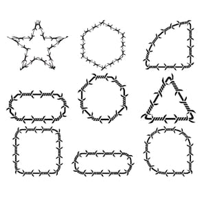 May include: A collection of nine black barbed wire designs in various shapes, including a star, hexagon, triangle, and several rectangular and rounded frames. The designs are isolated on a white background.