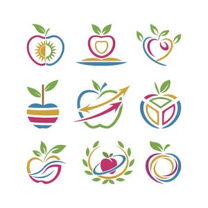 Puede incluir: Nueve logotipos de manzanas coloridas con varios diseños. Algunos presentan hojas, flechas y formas geométricas. La paleta de colores incluye rojo, verde, azul, amarillo y rosa. Los logotipos son adecuados para una marca de alimentos saludables o bienestar.