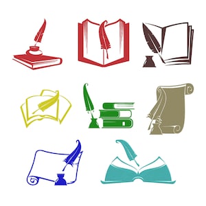May include: A collection of nine illustrations featuring books, quills, and inkwells. The designs use a variety of colors, including red, green, yellow, blue, and brown. The images evoke themes of writing, literature, and education.