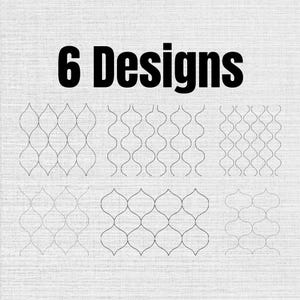 May include: A digital graphic featuring the text 6 Designs in bold black letters at the top, followed by six distinct repeating patterns of thin, dark gray interlocking curved lines arranged in a grid on a light gray textured background.