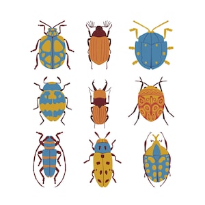 May include: Nine colorful insect illustrations on a white background. The insects are in various shapes and sizes, with detailed patterns and a variety of colors, including blue, yellow, orange, and brown. The image is a flat design, perfect for educational or decorative purposes.