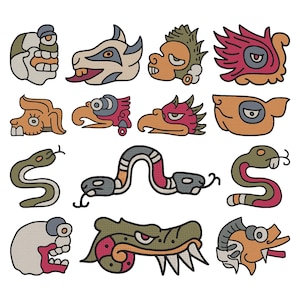 May include: A collection of colorful, stylized illustrations of various creatures and symbols. The designs feature a variety of colors, including red, green, orange, and gray, with black outlines. The images are reminiscent of ancient art.