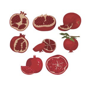 Puede incluir: Ilustraciones de granadas, enteras y cortadas, mostrando el color rojo vibrante y el interior lleno de semillas de la fruta. Algunas son enteras, otras partidas por la mitad o en rodajas, con algunas hojas verdes.