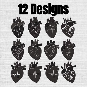 May include: A digital graphic featuring the text 12 Designs at the top, followed by a grid of twelve black anatomical heart illustrations. Each heart icon displays a unique variation, including some with EKG pulse lines and others with vein patterns.
