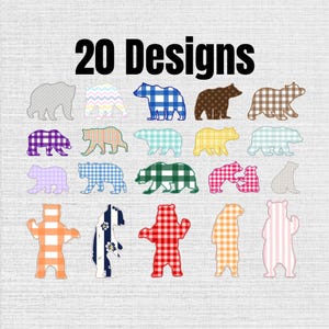 May include: A digital collection of 20 bear silhouettes featuring various patterns including blue and white gingham, red plaid, polka dots, chevron, and floral prints. The bears are arranged in a grid, showcasing diverse colors and textures.