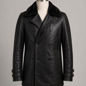 May include: A black leather double-breasted coat with a faux fur collar. The coat has two rows of buttons, side pockets, and adjustable cuffs with buckles. The coat is displayed on a mannequin.