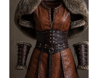 May include: A brown leather costume with a fur collar, corset, and skirt, accented with silver studs. Includes matching arm cuffs with fur trim. The outfit has a medieval or fantasy theme.