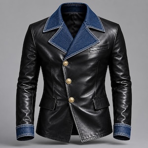 May include: Black leather jacket with a denim collar and cuffs. The jacket has a three-button closure and two front pockets. Gold-coloured buttons add a touch of elegance. A stylish outerwear piece.