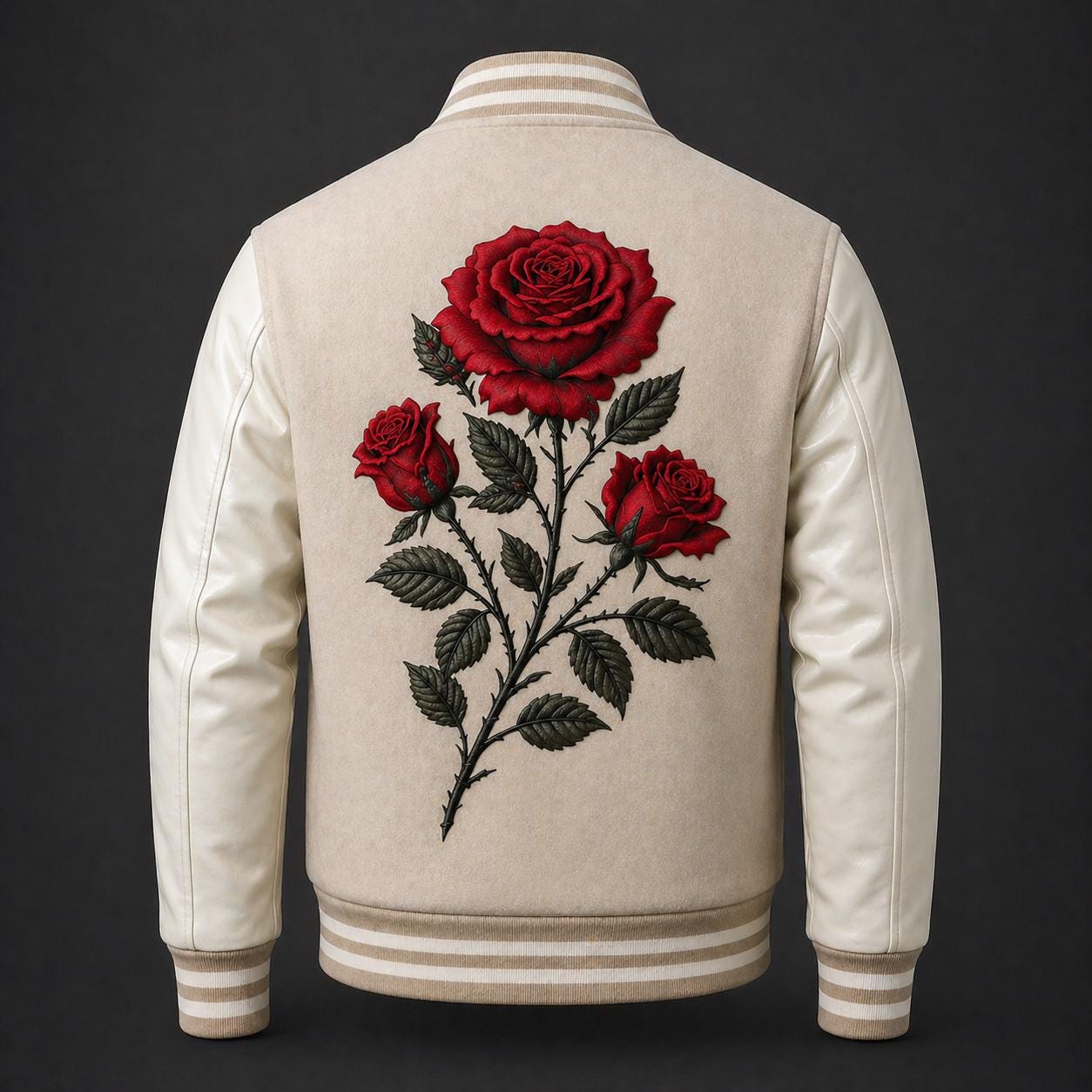 Black Beige Varsity Jacket, Leather Sleeves, Red Rose Embroidery