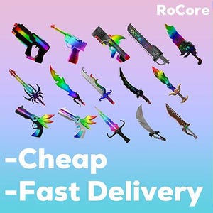 Op de afbeelding: Een verzameling speelgoedpistolen en messen in verschillende kleuren, waaronder regenboog, zwart en zilver. De afbeelding bevat de tekst "RoCore" en "-Cheap -Fast Delivery".