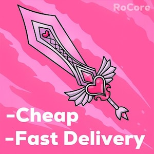 以下が含まれることがあります： ピンク色のハート型の鍔と翼のアクセントが付いた漫画の剣。背景はピンク色で、テキスト「-Cheap -Fast Delivery」が書かれています。RoCoreのロゴが右上隅にあります。