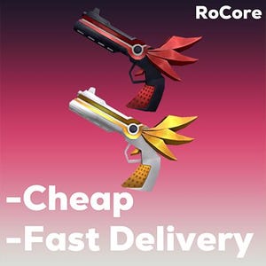 Puede incluir: Dos pistolas de juguete con diseños estilizados. Una es negra y roja, la otra blanca y dorada. La imagen incluye el texto "RoCore" y "-Cheap -Fast Delivery" sobre un fondo degradado rosa y blanco.