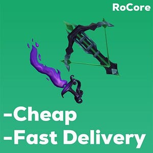 Könnte beinhalten: Ein grüner Hintergrund mit dem Text "RoCore" in Weiß. Das Bild zeigt eine schwarze und grüne Armbrust und ein lila flammenartiges Objekt. Darunter stehen die Worte "-Cheap -Fast Delivery" in Weiß.