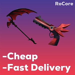 May include: A black and red fantasy weapon set, including a scythe and a futuristic pistol with wing-like accents. The image has the text "RoCore" in the upper right corner and "Cheap - Fast Delivery" at the bottom.