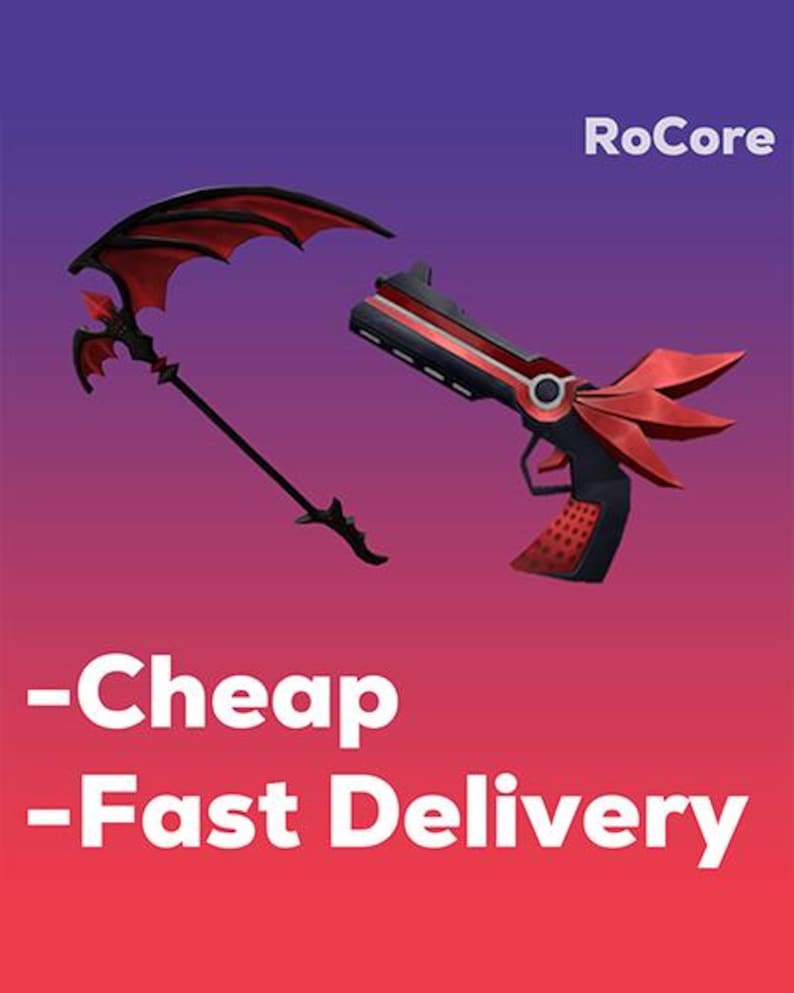 May include: A black and red fantasy weapon set, including a scythe and a futuristic pistol with wing-like accents. The image has the text "RoCore" in the upper right corner and "Cheap - Fast Delivery" at the bottom.
