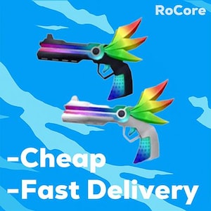 Puede incluir: Dos pistolas de juguete con alas y detalles de colores del arcoíris sobre un fondo azul brillante. El texto "RoCore" está en la esquina superior derecha. Las palabras "Cheap" y "Fast Delivery" están en la parte inferior.