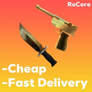 Puede incluir: Imagen de una pistola dorada y un cuchillo con mango negro y hoja dorada. El texto "-Cheap -Fast Delivery" se muestra en blanco en la parte inferior, con el nombre de la marca "RoCore" en la esquina superior derecha.