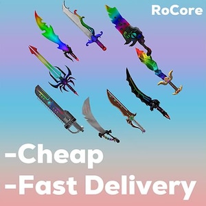 May include: An assortment of fantasy swords with colorful blades and ornate handles. The image features swords with rainbow, black, and brown blades. The text "RoCore", "Cheap", and "Fast Delivery" is also visible.