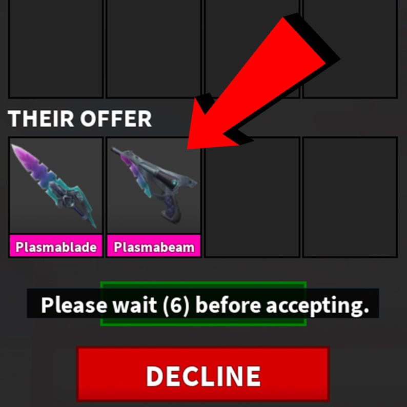 以下が含まれることがあります： ゲームインターフェースの画像。テキスト「彼らのオファー」と「Plasmablade」と「Plasmabeam」の2つの武器が表示されています。赤い矢印が武器を指しています。下には「受け入れる前に（6）待ってください」と書かれています。赤いボタンには「拒否」と書かれています。