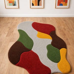 Abstract wollen patchwork vloerkleed, modern wervelend tapijt uit het midden van de eeuw
