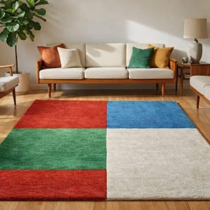 Color Block Shag Rug, Mid-Century Abstract Swirl Design, Red Green Blue Beige