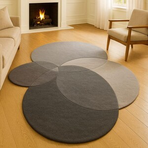 May include: A living room with four overlapping circular rugs in varying shades of grey. The rugs are placed on a wooden floor, with a fireplace and a beige sofa in the background. The room is well-lit, creating a comfortable and inviting atmosphere.