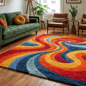 Puede incluir: Una vibrante alfombra de estilo retro con un patrón arremolinado en tonos de rojo, naranja, amarillo y azul. La alfombra está colocada sobre un suelo de madera, complementando un sofá verde y sillas marrones, creando un salón colorido.