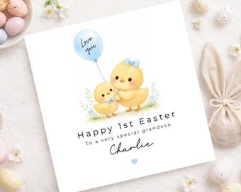 1ère carte de Pâques personnalisée de petit-fils, première carte de Pâques de bébé, carte de ballon de poussin mignon, carte de Pâques pour petit-fils, nom personnalisé 2026