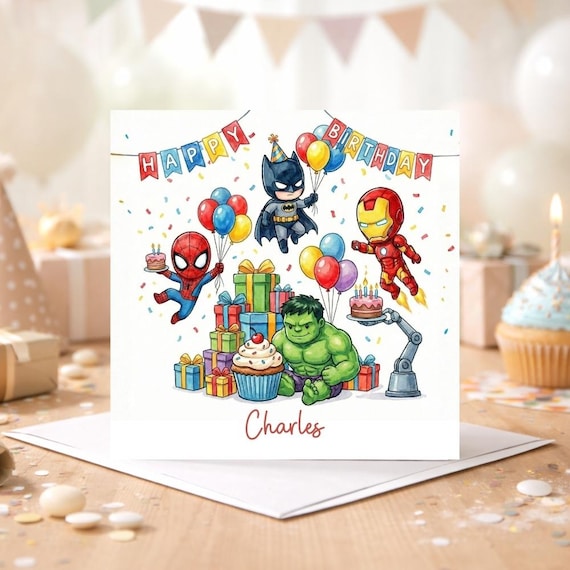 Personalised Superhero Birthday Card, Avengers Style, Spiderman, Hulk, Iron Man, Batman, Son, Grandson, Nephew, Boys 4th 5th 6th Birthday