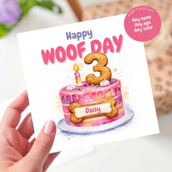 Personalised Dog Birthday Card with Dog Biscuit Cake, Custom Age Woofday Card, Birthday Card to Dog, Fun Pet Card for Dog Lovers