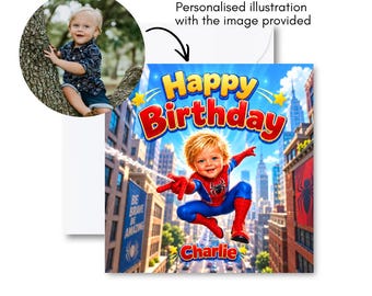 Gepersonaliseerde Spiderman verjaardagskaart, superhelden verjaardagskaart, voor zoon, kleinzoon, neefje, schattige Spidey, Avengers-stijl, 3e, 4e of 5e verjaardag