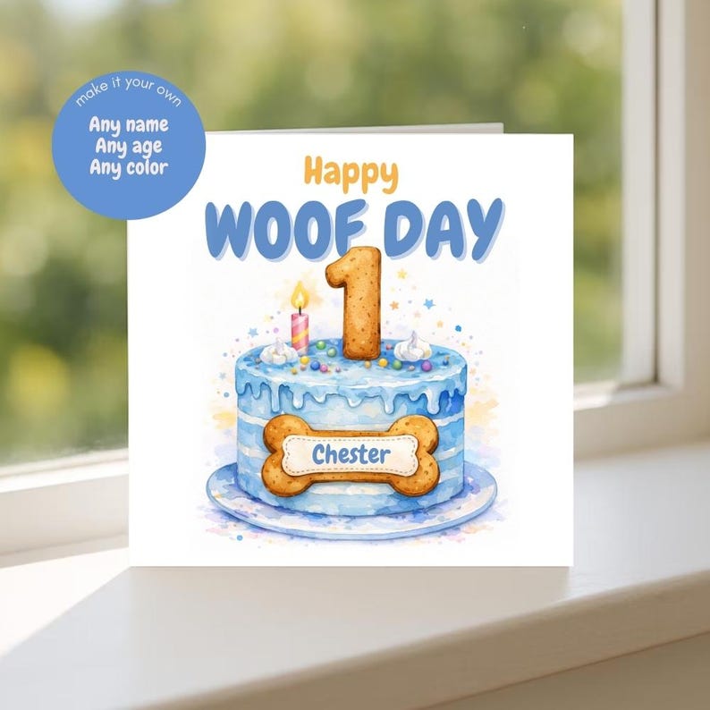 Personalised Dog Birthday Card with Dog Biscuit Cake, Custom Age Woofday Card, Birthday Card to Dog, Fun Pet Card for Dog Lovers