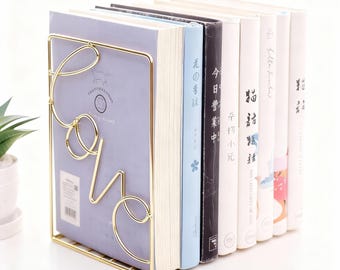 Love Bookends Set, Rose Gold, Gold Wire Book Holders, Romantic Home Office Decor