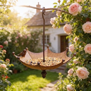 Hängande bladfågelmatare och fågelbad, metallfågelfat med dekorativ fågel