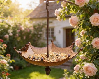 Hanging Leaf Bird Feeder, Metal Garden Bird Dish with Decorative Bird