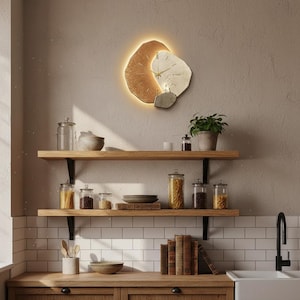 May include: A modern wall clock with a unique, abstract design. The clock features a gold-colored, illuminated outer shape with a light-colored inner shape and a small gray accent. The clock is mounted on a neutral-colored wall above wooden shelves.