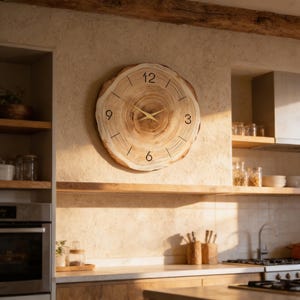 Puede incluir: Un reloj de pared redondo de madera con un acabado de vetas naturales. La esfera del reloj presenta números negros en las posiciones de las 12, 3, 6 y 9, con manecillas doradas. El reloj está montado en una pared beige en una cocina. Mide unos 30 cm de diámetro.