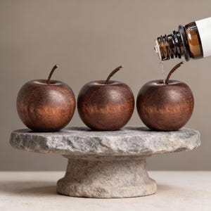 Può includere: Tre mele di legno con steli marroni sono su un piedistallo di pietra grigia. Una bottiglia di vetro marrone versa liquido su una delle mele. Le mele hanno una finitura lucida con venature del legno scuro.
