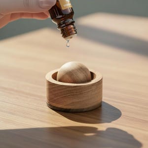 May include: A wooden essential oil diffuser with a spherical top and a cylindrical base. A brown glass bottle is held above the diffuser, with a drop of oil falling into the diffuser. The diffuser is sitting on a wooden surface.
