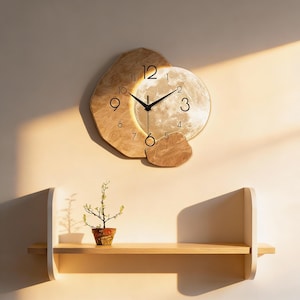 May include: A contemporary wall clock with a moon design. The clock has a circular face with a glowing centre, set within a textured, irregular-shaped frame. Black hands show the time. It's mounted on a light-coloured wall above a wooden shelf, with a small plant.