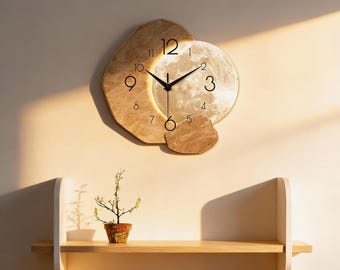Reloj de pared de madera con fase lunar, moderno reloj de cuarzo silencioso para decoración de sala de estar.