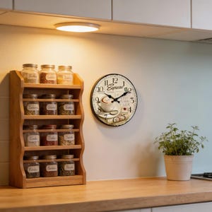 May include: A wooden spice rack with glass jars filled with spices sits next to a wall clock. The clock has a coffee cup design and the word "Espresso". A small potted plant is on the counter.
