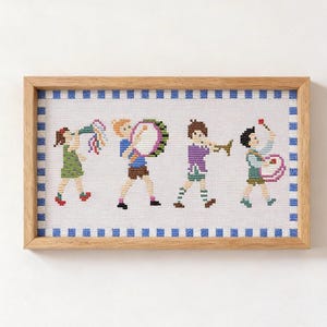 子供のパレードのクロスステッチパターン、モダンな刺繍図案、子供部屋の装飾（PDFダウンロード）