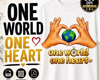 One World One Heart PNG Unity Earth Sublimation Design World Peace TShirt Graphic Transparent File Digital Download Clipart Printing Asset