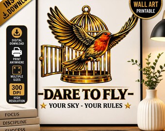 Motivational Wall Art Freedom Bird Printable Poster Gold Cage Inspirational Office Decor Digital Download Prints Mindset Graduation Gift