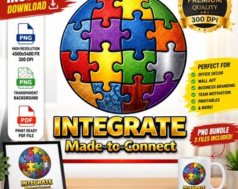 Integrate Puzzle Logo PNG Bundle Teamwork Wall Art Business Branding Graphic Motivational Digital Download Corporate Office Unity Decor Art