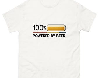 Funny Beer T Shirt Powered by Beer Unisex Graphic Tee Humorous Drinking Shirt Gift for Beer Lover Craft Beer Top Casual Party Outfit Custom