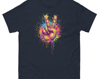 Colorful Peace Sign T Shirt Vibrant Street Art Graphic Tee Positive Vibes Festival Shirt Retro Splatter Paint Creative Artwork Top Gift