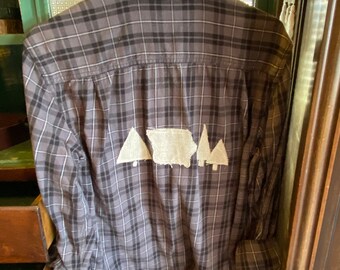 Upcycled Faded Glory Flannel shirt with IOWA winter scene appliqué size Small